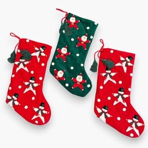 Christmas Stockings Set of 3 Red & Green Velvet Santa Snowman Appliqué Tassels